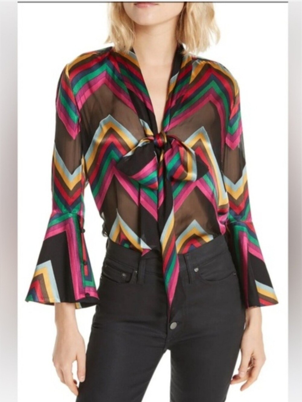 Alice + Olivia Merideth Chevron Tie-Neck Blouse Size XS NWT - Picture 7 of 11